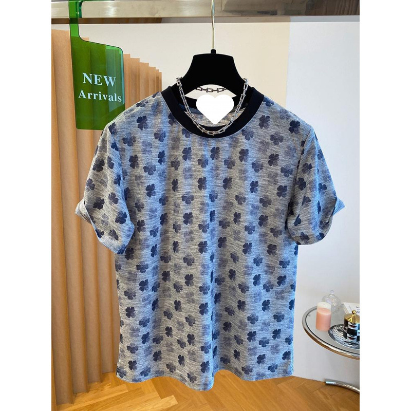 フラワーグレー Tシャツレディース半袖 2025 夏新作ゆったりシックでユニークな四つ葉のクローバープリントボトムシャツトップ|undefined