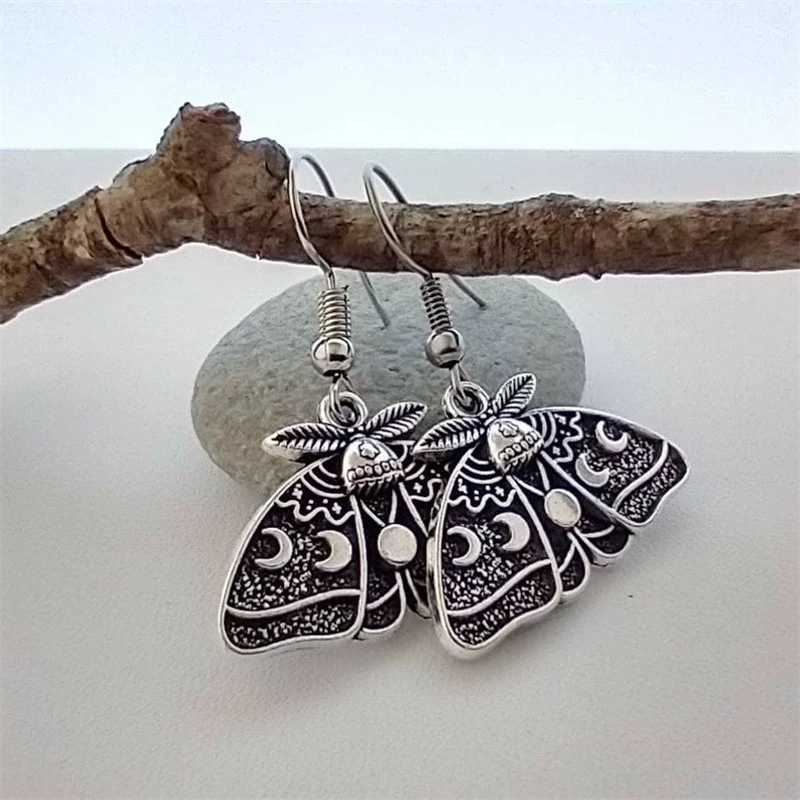 Silver Moth Pendant Earrings, Gothic Style, Simple Elegant Design, 2 Styles