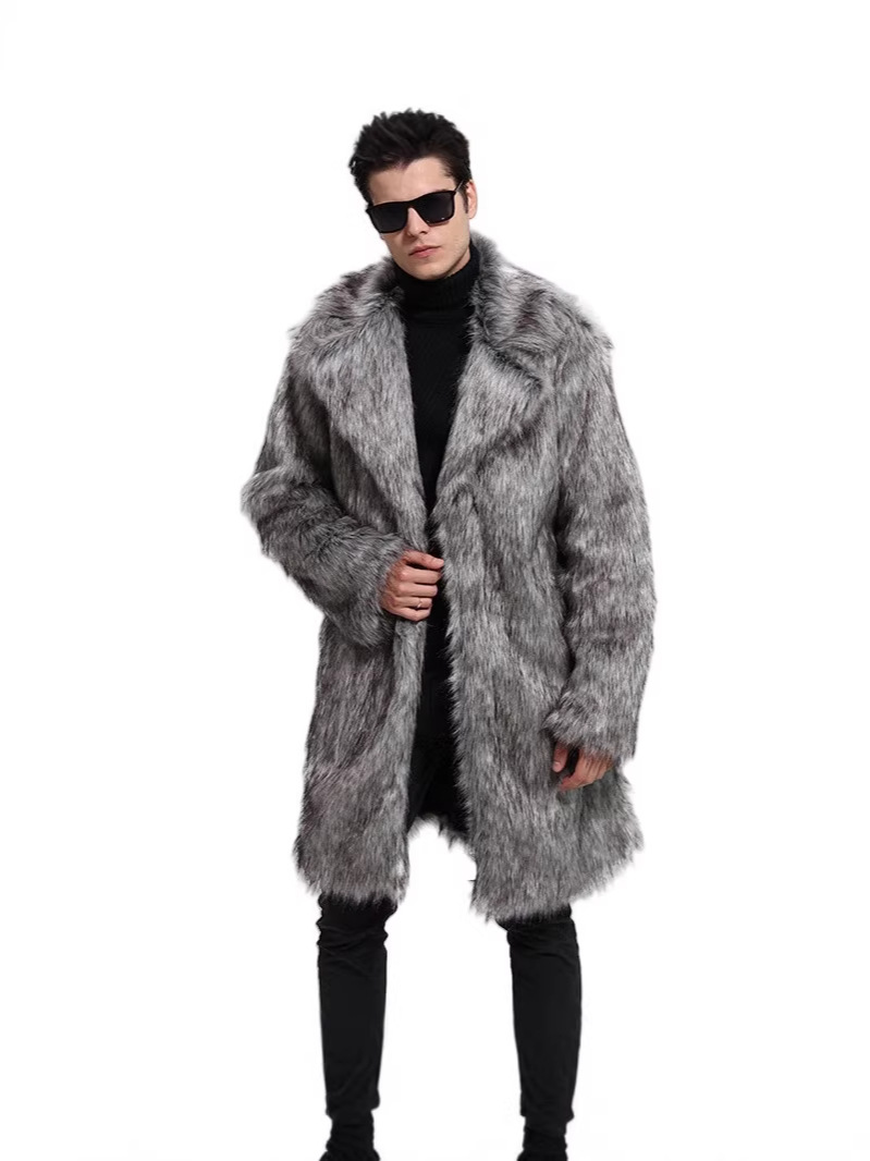 Abrigo largo de piel sintética para hombre, estilo trench coat de pelo largo, con cuello de piel sintética de zorro, venta al por mayor transfronteriza.