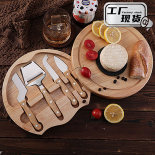 Cross-Border Spot Rubber Wood Handle Cheese Knife Round Wooden Box 4-Piece Cheese Knife Shovel Stainless Steel Cheese Knife Set