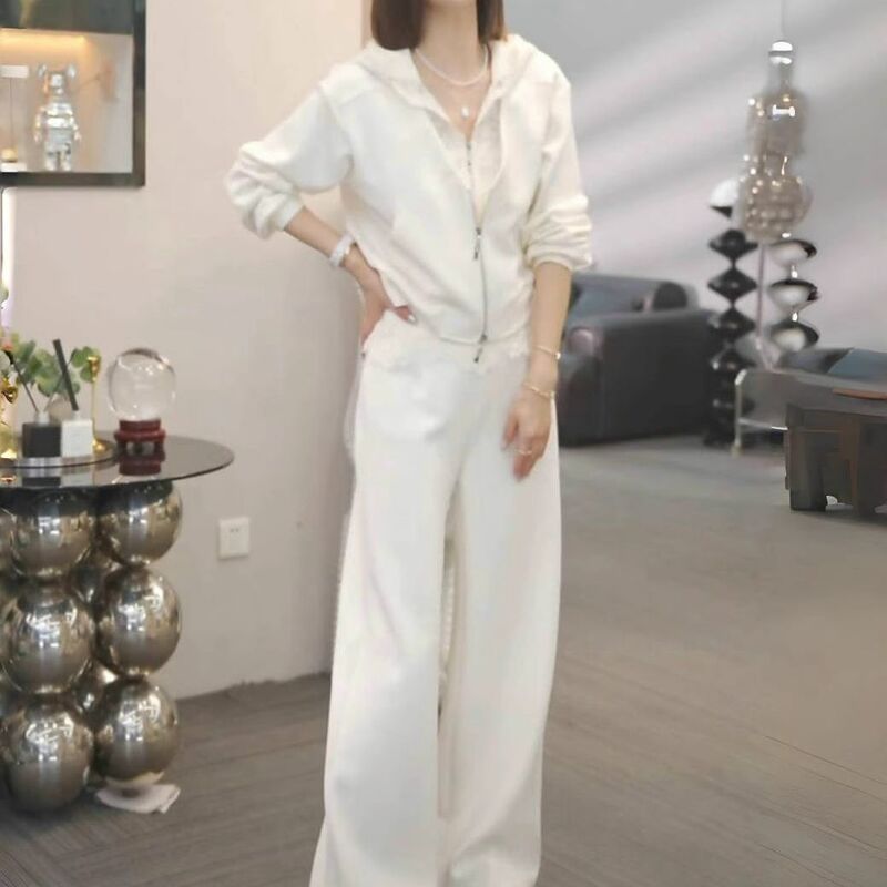 2025 Korean Style Trendy Suit Women's High-End Splicing Lace Belly-Covering Hooded Sweatshirt Casual Pants Two-Piece Set # 903