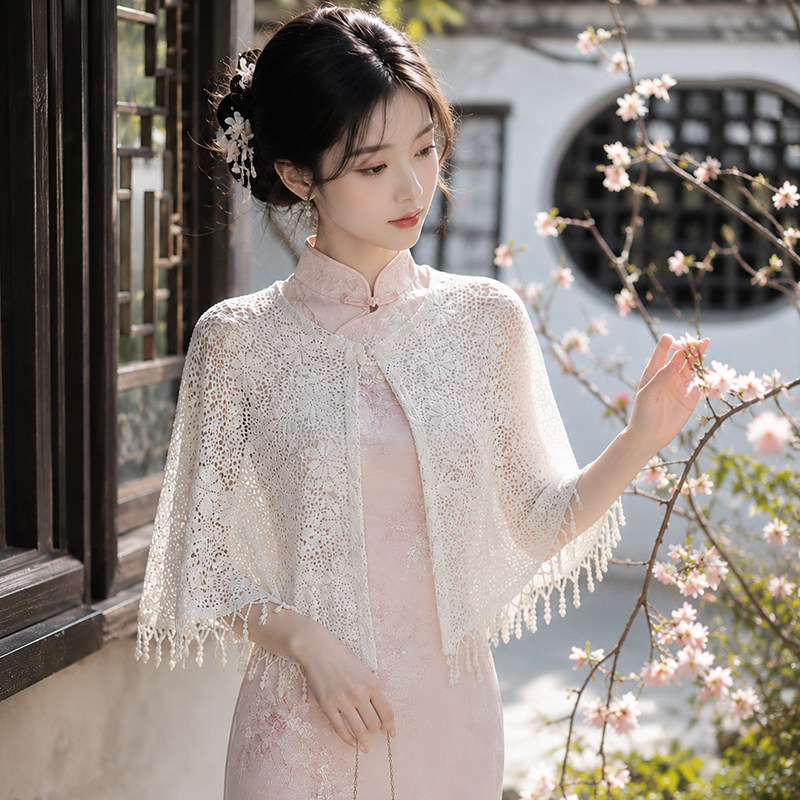 White cheongsam shawl for women, 2026 new lace cover-up, new Chinese style, thin summer cape with tassels