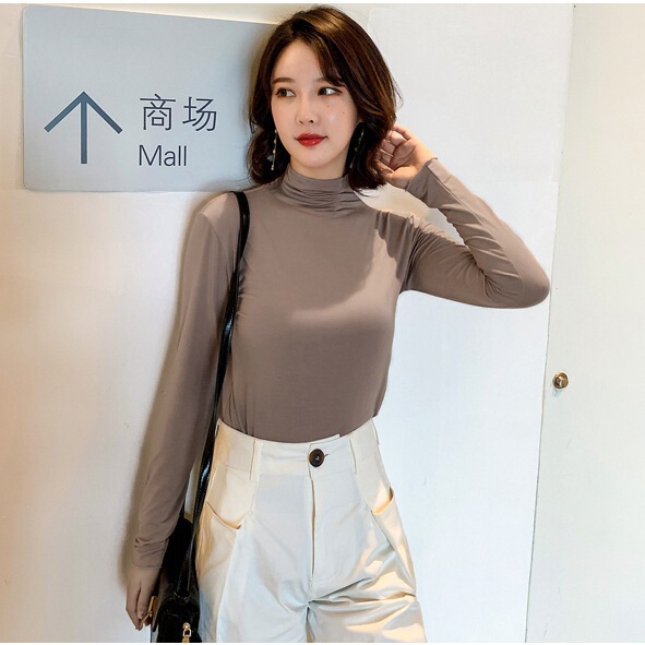 九色面膜衣2025早秋莫代尔打底衫女士半高领修身显瘦长袖内搭上衣|undefined