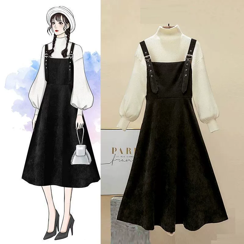Одинальный набор из двух частей женский 2024 осенний и зимний толстый ремешок платье мода тонкий свитер женский новый нижний свитер