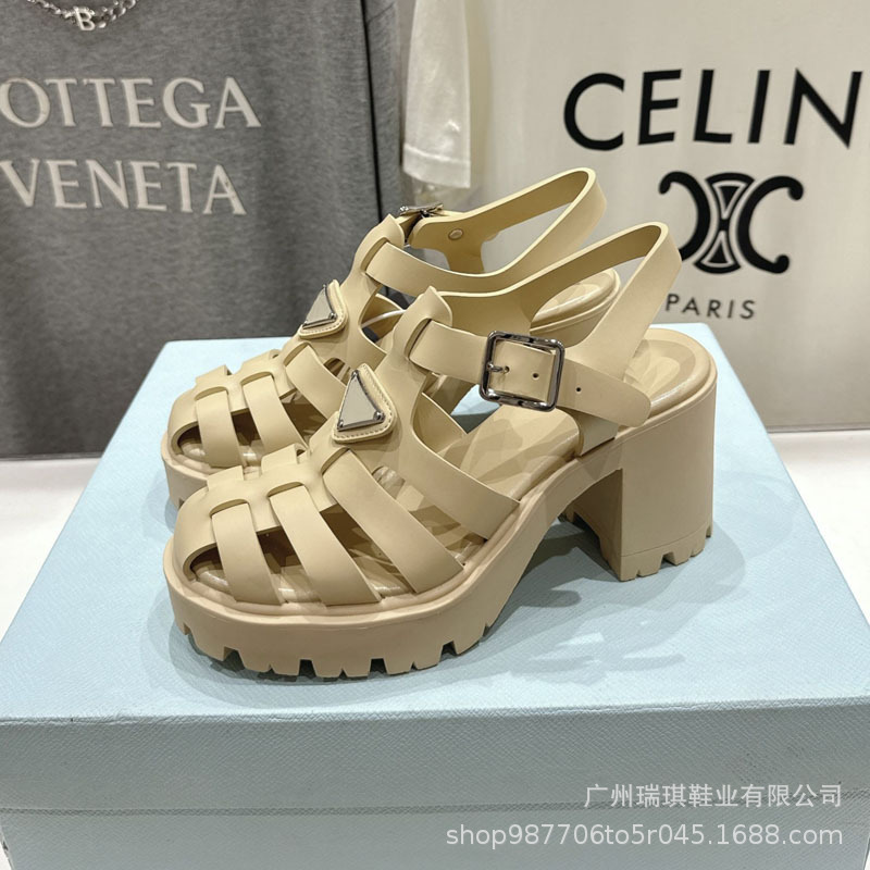 Thick-Soled Roman Sandals for Women, Summer 2025 New Style, Hollow-Out Single-Strap Women's Shoes, Triangle Logo Platform Casual Sandals for Women