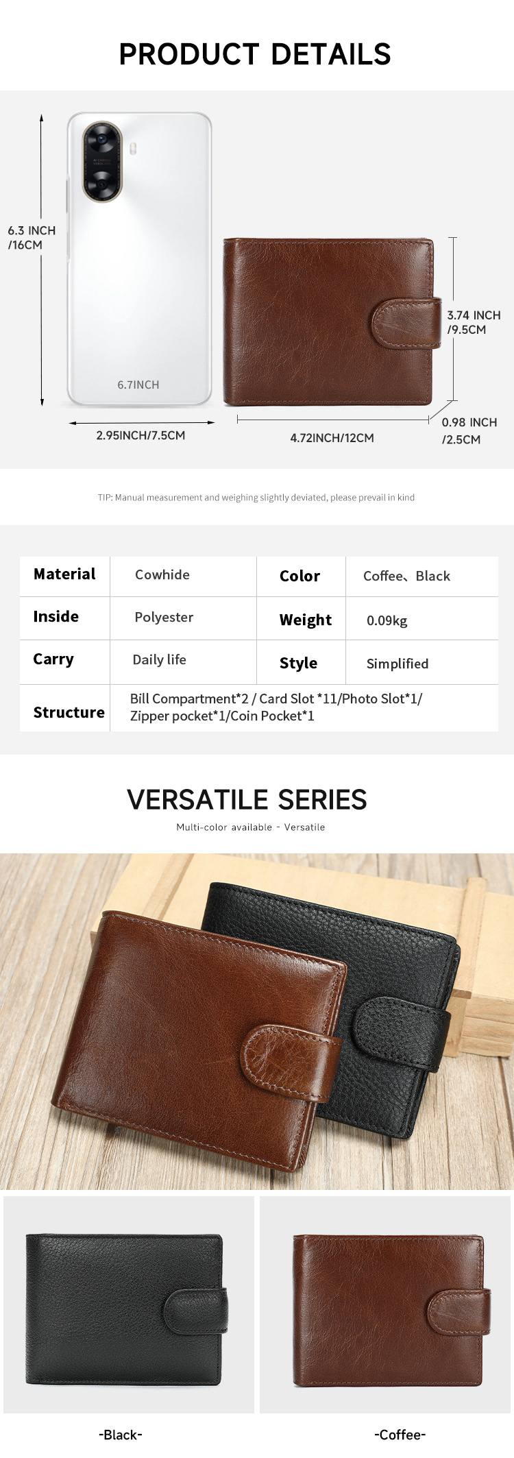Ví nam gập mini da bò thật cao cấp, nhiều ngăn thẻ RFID, kiểu dáng mỏng nhẹ — Đen, Nâu, 12*2.5*9.5cm chi tiết 2