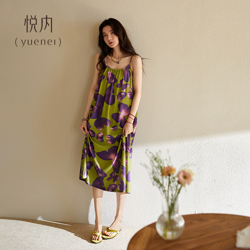 悦内带胸垫睡裙女士夏季夏天莫代尔吊带背心大码长款蝴蝶睡衣女款|undefined