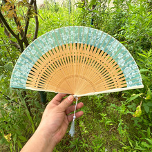 厂家现货头青丝折扇镂空扇骨荷花金鱼景区纳凉手持便携女式团扇子