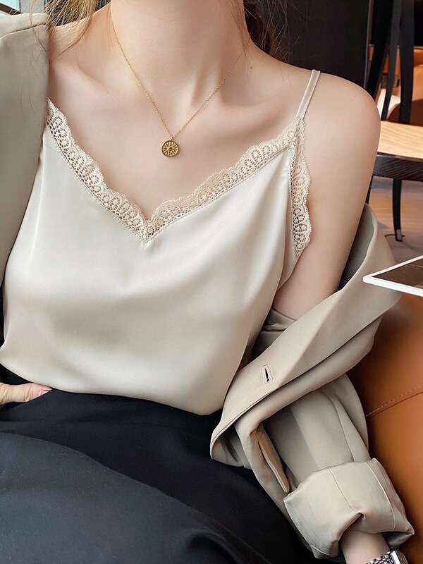 Acetate Satin Lace Camisole for Women, Summer 2025 Hot Style, V-Neck Silk Top for Layering under Suits