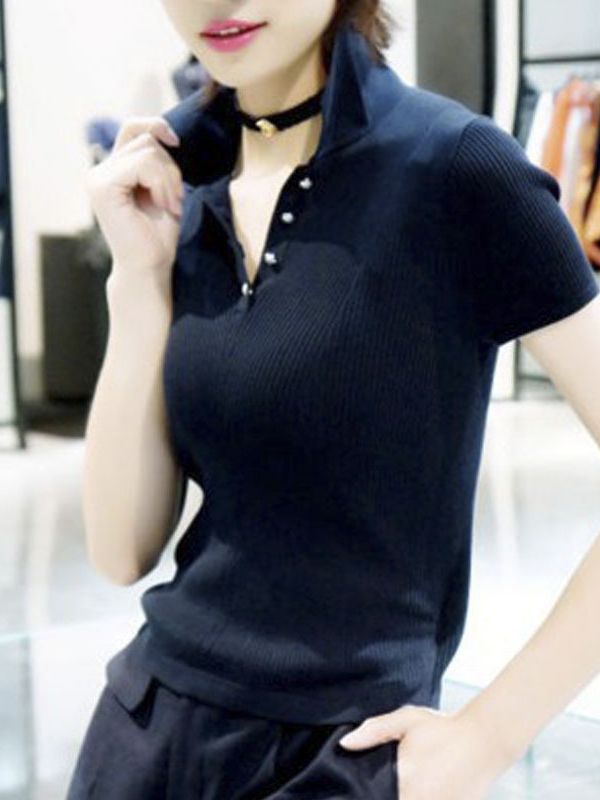 Áo polo nữ dệt kim lụa băng cổ bẻ tay ngắn — Màu đen