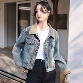 复古撞色拼接牛仔外套女春秋宽松设计感小众小个子短款夹克上衣潮