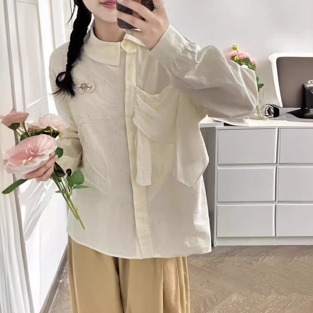 Autumn design elegant solid color shirt with bow for leisure