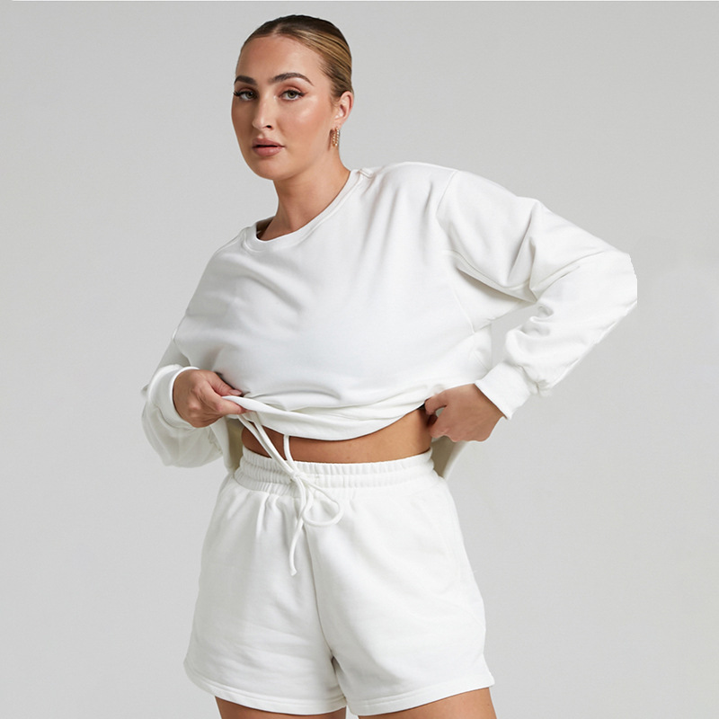 Solid Color Long Sleeve Sweaters Women Clothing Short Two-Piece Casual Shorts Suit