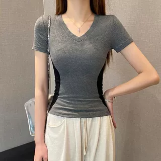 2025新款螺纹V领撞色短袖T恤女春夏修身设计感百搭超显瘦上衣潮