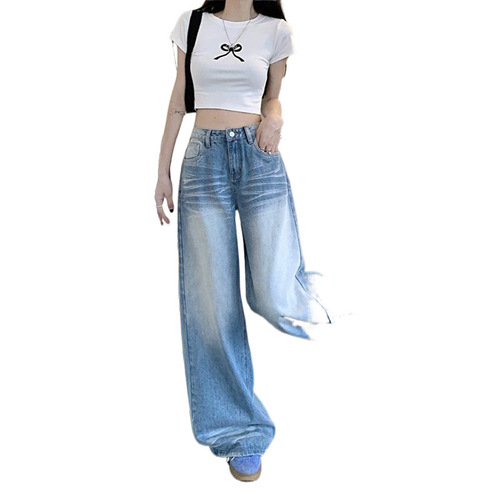 145 Petite Retro Distressed Whitened Wide-Leg Denim Jeans for Women - Fall and Summer High-Waisted Loose Floor-Length Straight Leg Pants