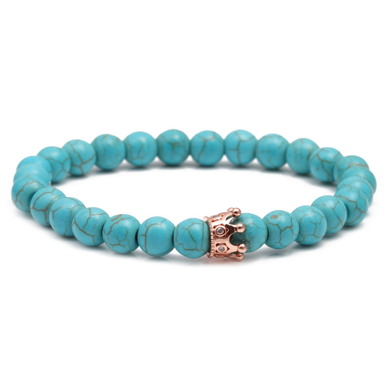 Pulsera de cuentas de piedra volcánica europea y americana transfronteriza azul turquesa corona traje pareja pulsera hombres y mujeres pulsera