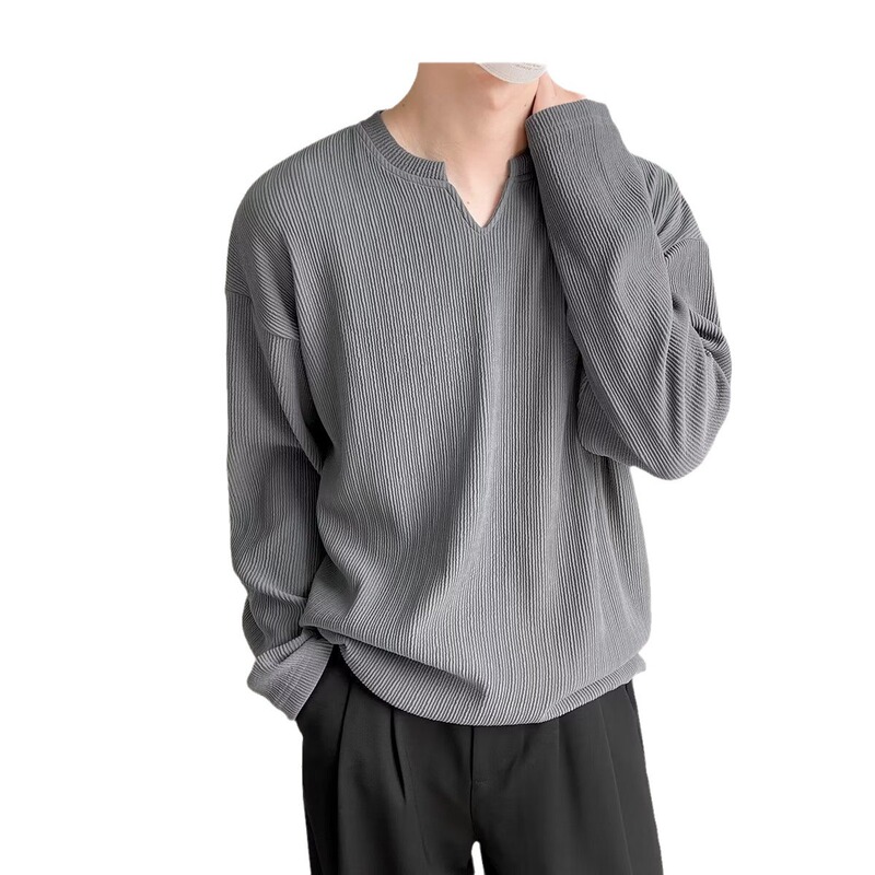 Notched collar long-sleeved T-shirt men's fashion brand loose daily casual design sense pit striped bottoming shirt spring and autumn top