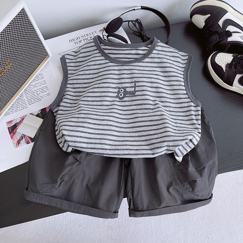 Boys Summer Sleeveless Stripesd Vest Suit New Style Kidsren's Style Korean Style Two-Piece Set Baby Summer Clothes Trendy