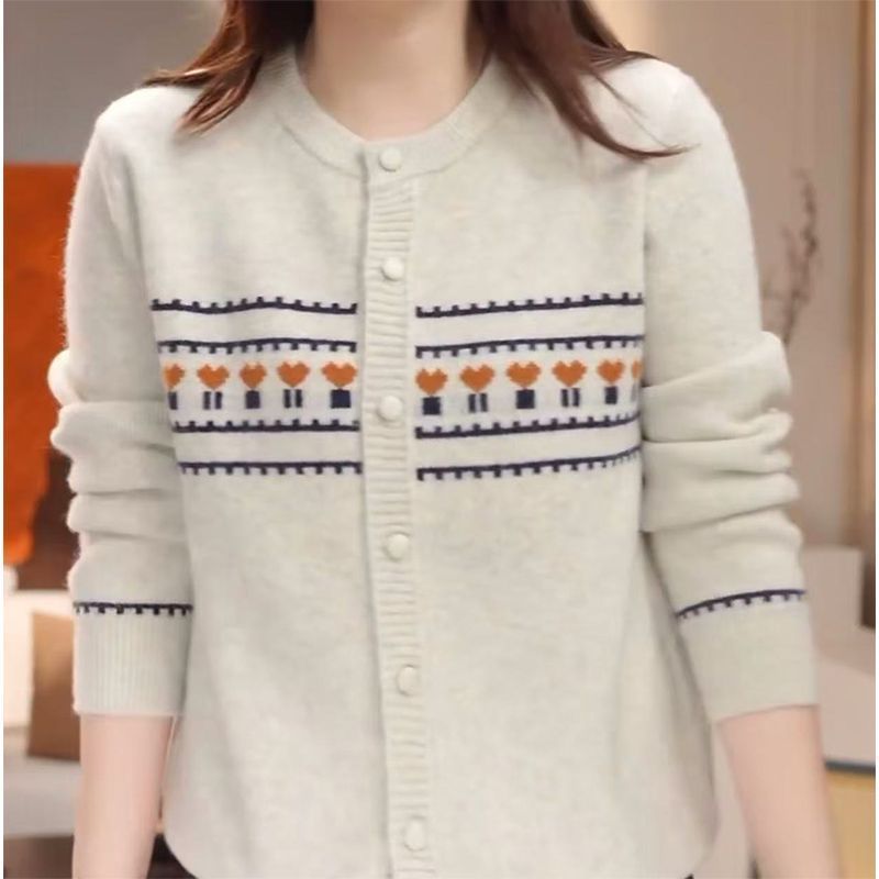 羊绒提花针织开衫女2025秋冬季复古撞色毛衣外套新款宽松软糯舒适|undefined