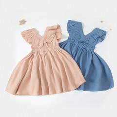 2024夏季兒童連衣裙棉麻吊帶裙新款紐扣木耳邊背心裙可愛公主裙子