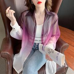 2025夏季新款法式氣質微透扎染漸變薄款曬衣寬鬆襯衫外套上衣女