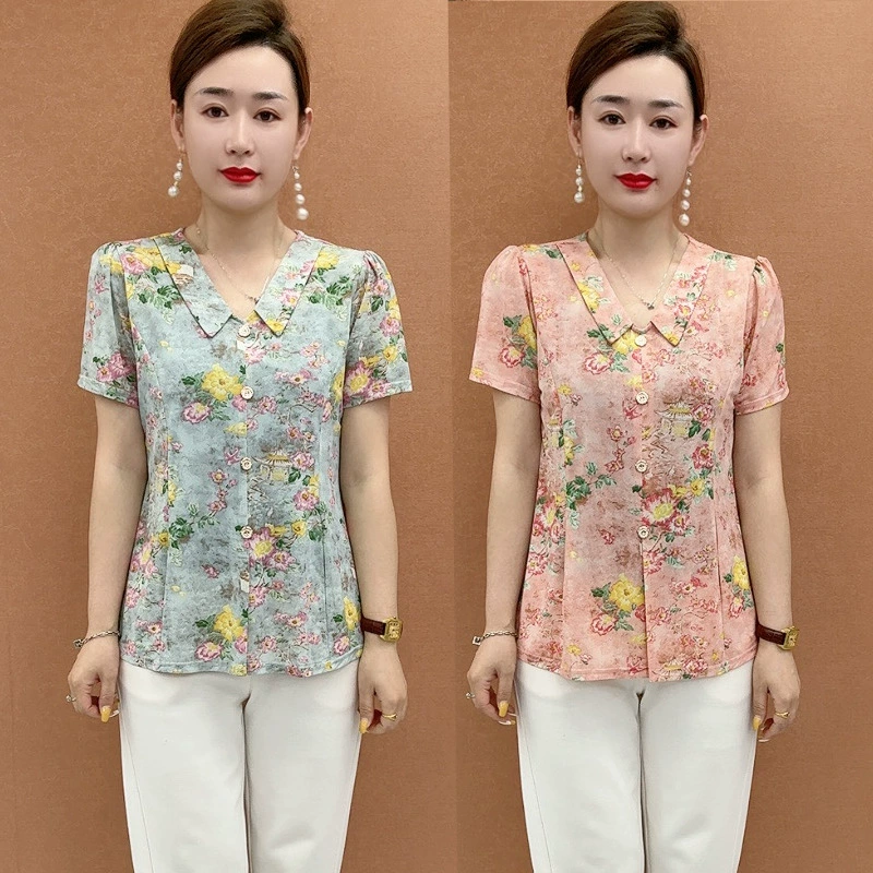 Летние новые стильные топы из ледяного шелка с короткими рукавами для женщин среднего возраста 50 лет, дышащие и эластичные женские рубашки с v-образным вырезом и принтом
