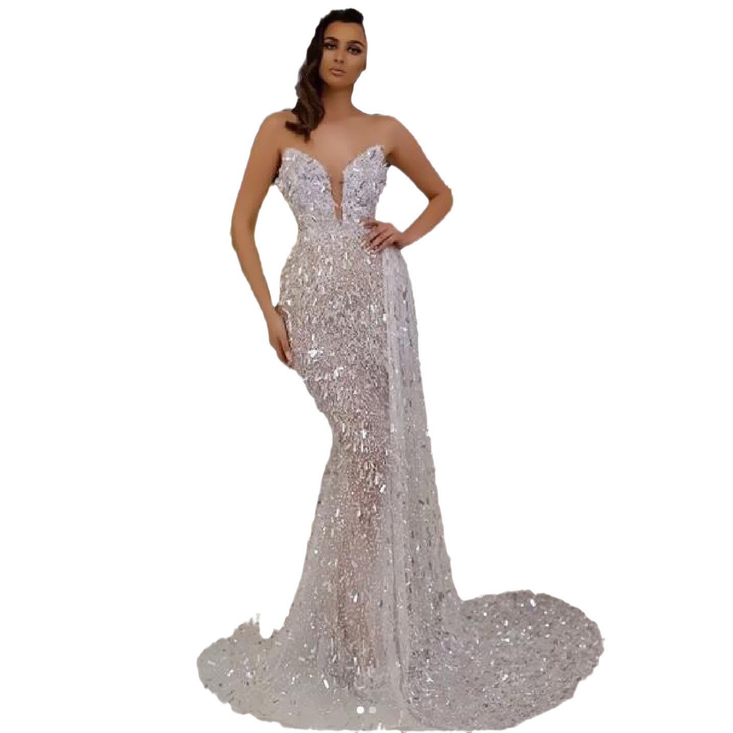 Vestido de noche elegante y sexy con tirantes finos y escote en V, con detalles en lámina plateada, estilo europeo y americano, novedad de verano transfronterizo 2025 para mujer. image 7
