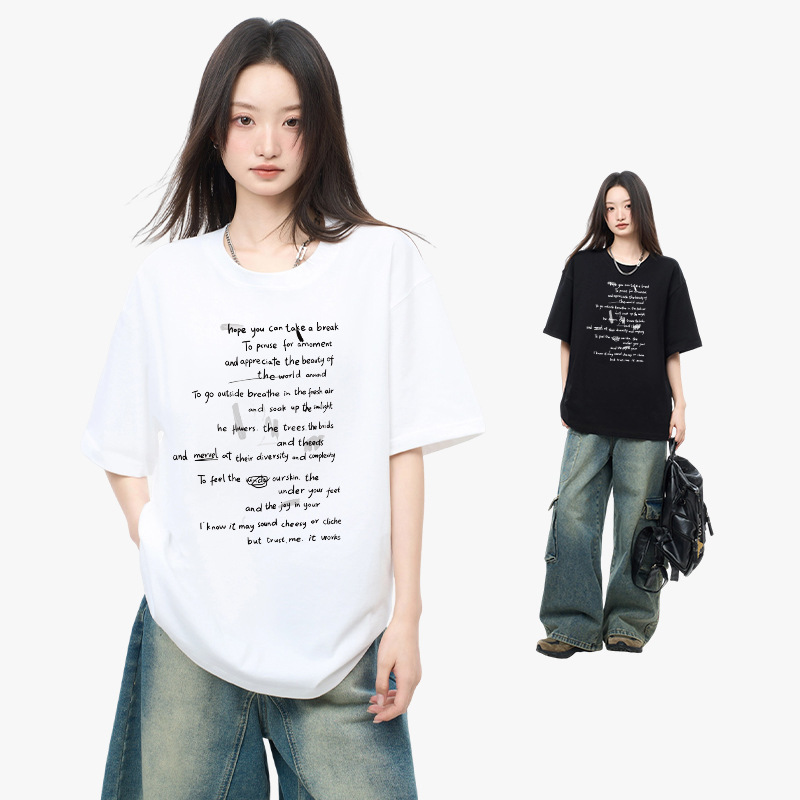 Korean Style Cotton Letter Printed Short-sleeved T-shirt Women's Summer Loose All-match Student's Instagram Style Trendy Top Base Shirt