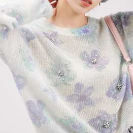 水钻提花针织衫秋季甜美优雅时尚休闲宽松百搭圆领长袖羊绒打底衫