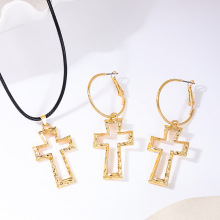 欧美时尚气质设计感金属镂空十字架皮绳吊坠项链女士耳环耳圈首饰