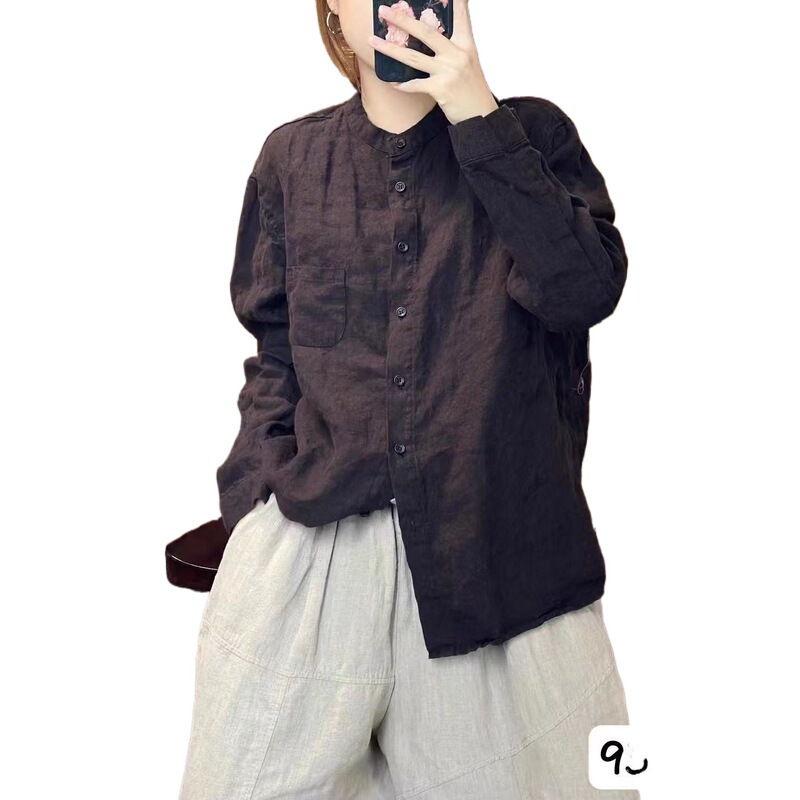新品韩版宽松简约砂洗亚麻立领纯色衬衫百搭休闲衬衣女|undefined