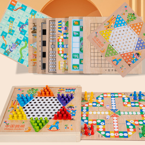 Ten-in-one multifunctional game chess, checkers, flying chess, backgammon, beast chess, educational wooden toys for children and students