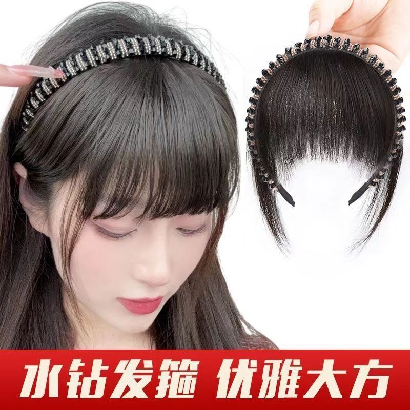 Hairband with Bangs, One-Piece Artificial Hair, Rhinestone Air Bangs, Replacement Hairpiece to Cover White Hair, Forehead Hairband, Bangs Wig