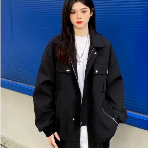 Long-sleeve Harajuku Jacket, Solid Color, Literary Spring and Autumn Outerwear, Trendy Collar, Youthful and Popular Men's Zipper Standard Simple