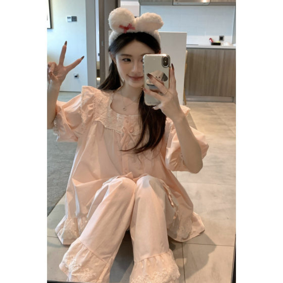 South Korea Ins Women's Korean Style Sweet Fresh Style Princess Style Heavy Industry Lace Loose Short Sleeve Outer Wear Home Wear Set