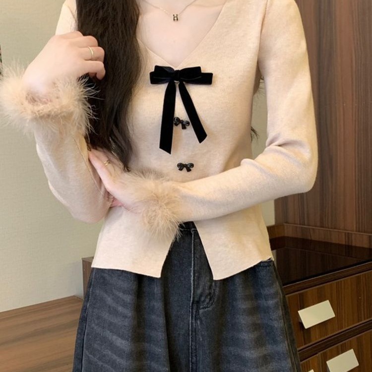 蝴蝶V领针织打底衫女早秋大衣内搭短款毛毛袖miu灰色毛衣上衣