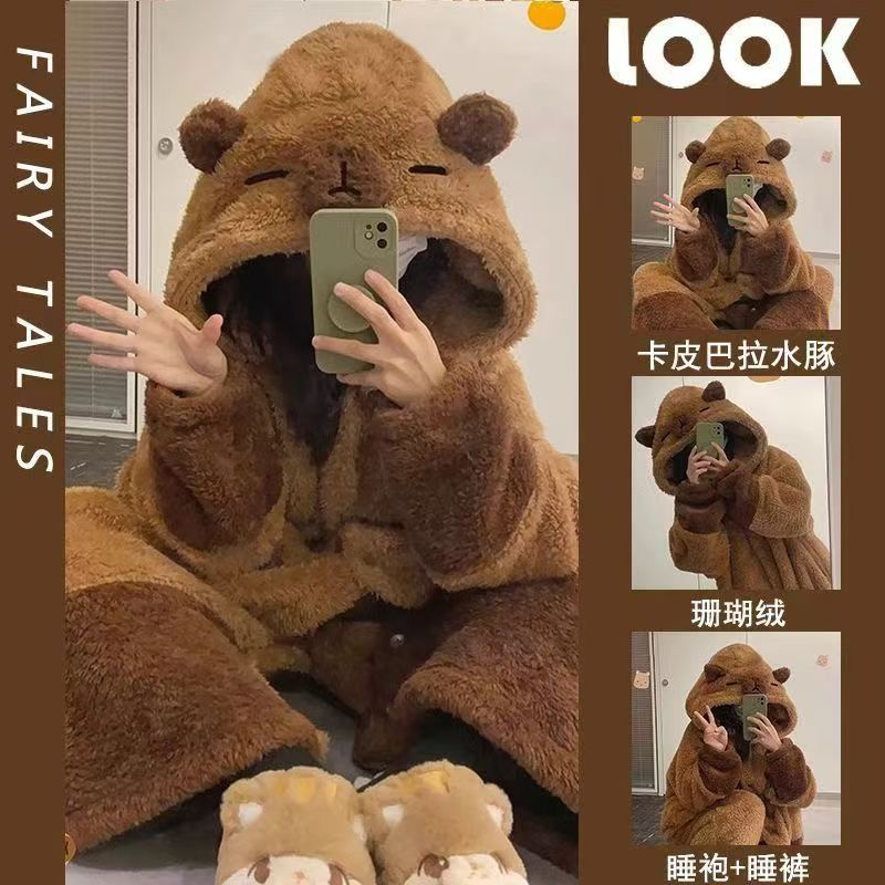 カピバラのカップルの寝衣の女性の秋冬のパジャマの男性のかわいいサンゴのベルベットの冬は外で着ることができます。|undefined