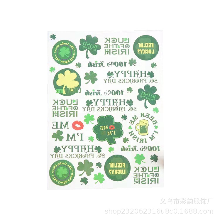 Verde irlandés pegatinas de tatuaje de trébol día de San Patricio cuatro hojas fiesta pegatinas de tatuaje impermeables