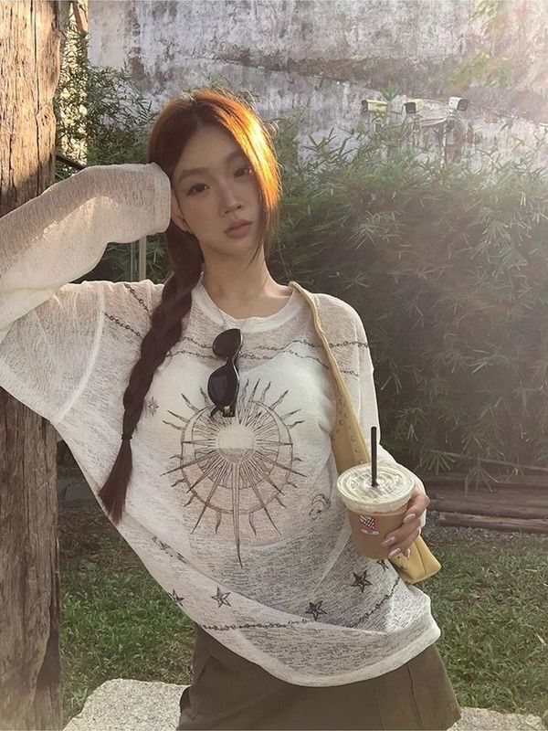 [日焼け止め生地]韓国風プリント長袖Tシャツレディース夏ゆったり痩身ホットガール日焼け止めトップトレンディ|undefined