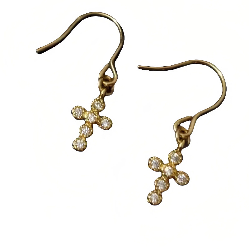 Pendientes de cruz de diamantes de plata de ley S925 chapado en oro de 16 quilates Diseño clásico femenino Pendientes de gancho de oreja de todo fósforo simple y de moda