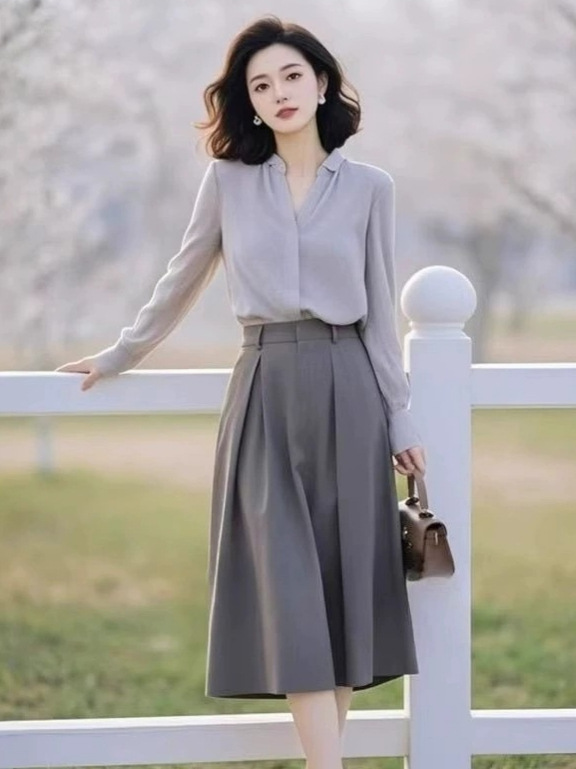 秋季新款气质穿搭一整套高级感轻奢女装通勤衬衫半身裙两件套装|undefined