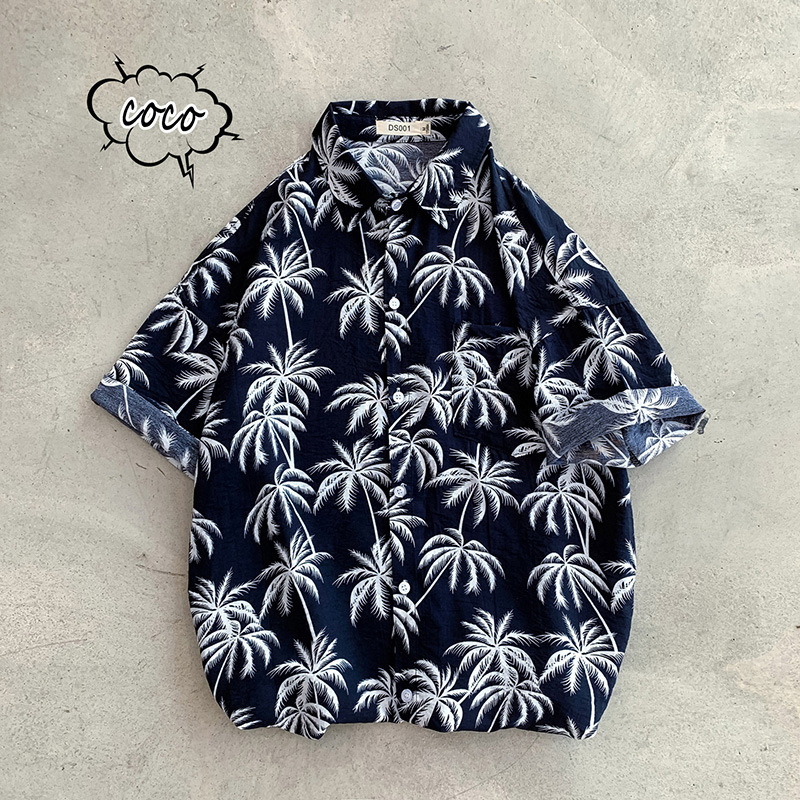 Estilo retro de Hong Kong Ruan guapo camisa de seda de hielo abrigo ropa de los hombres Hawaii playa floral camisa de manga corta de los hombres sueltos más tamaño
