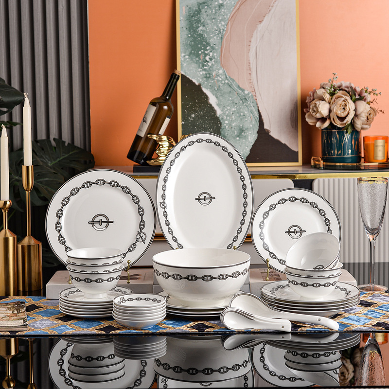 Bone China Aijia Gray Iron Chain Dinnerware Set Hotel Western-Style Dinner Plates Household Bowls and Spoons New Year Housewarming Gift
