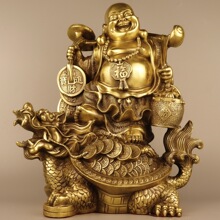 黄铜弥勒佛摆件 铜骑龙龟挑金弥勒佛 家居装饰创意礼品工艺品批发