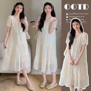 Maternity 2025 Summer New Sweet Lace Jacquard Mid-length Temperament Short-sleeved Loose Pregnant Women's dress