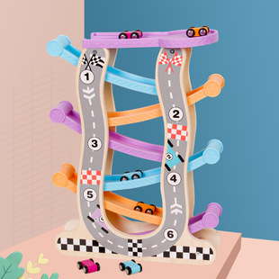 Boys and girls racing colorful gliding multi-layer rail car parking lot inertia sliding car educational wooden toys