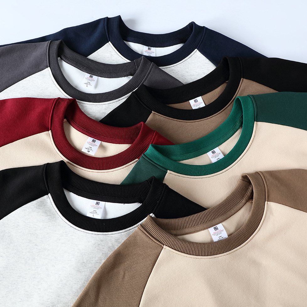 華棉春秋拼接撞色寬鬆圓領套頭衛衣300克華棉加厚上衣秋冬裝外套