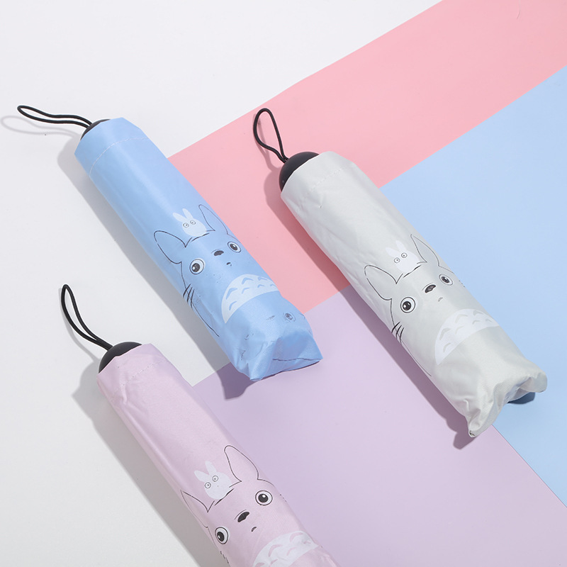 Factory Direct Supply Women's Cartoon Totoro Umbrella Black Glue Reinforced Three-fold Umbrella Sunny and Rain Umbrella Customizable