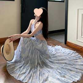 蓝玫瑰印花手工麻花编绳露腰性感气质小个子连衣长裙女夏图片色