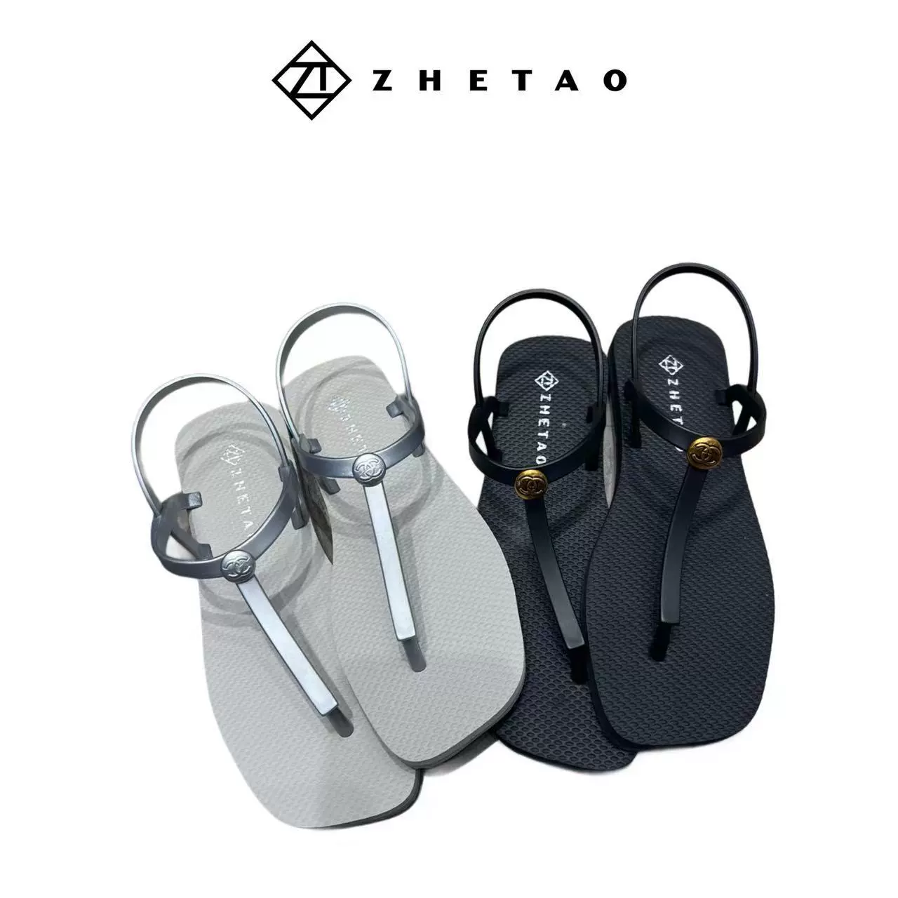 Новые летние резиновые нескользящие сандалии Zhetao2024 с квадратным носком, однотонные шлепанцы для пляжа с декоративными заклепками